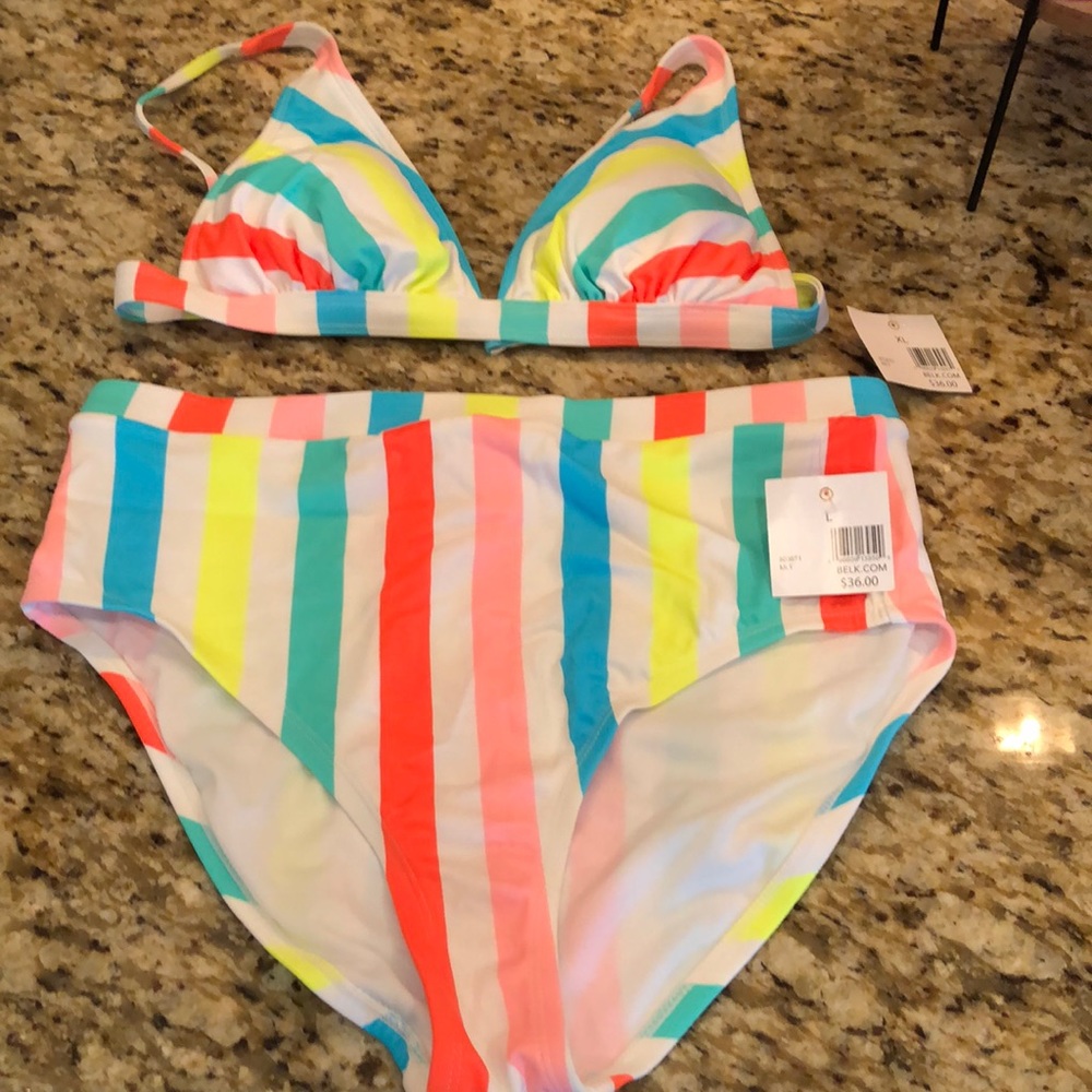 New W/tags 2 piece Bright colored Swimsuit Top- (XL) and Bottoms are a (L)